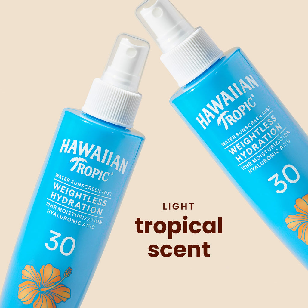 Hawaiian Tropic Weightless Hydration Water Mist for Body SPF 30, 5.2 Fl Oz | Hawaiian Tropic Body Spray Sunscreen Mist, Water Based SPF 30, Non-Aerosol Sunscreen Spray, 5.2 Fl Oz