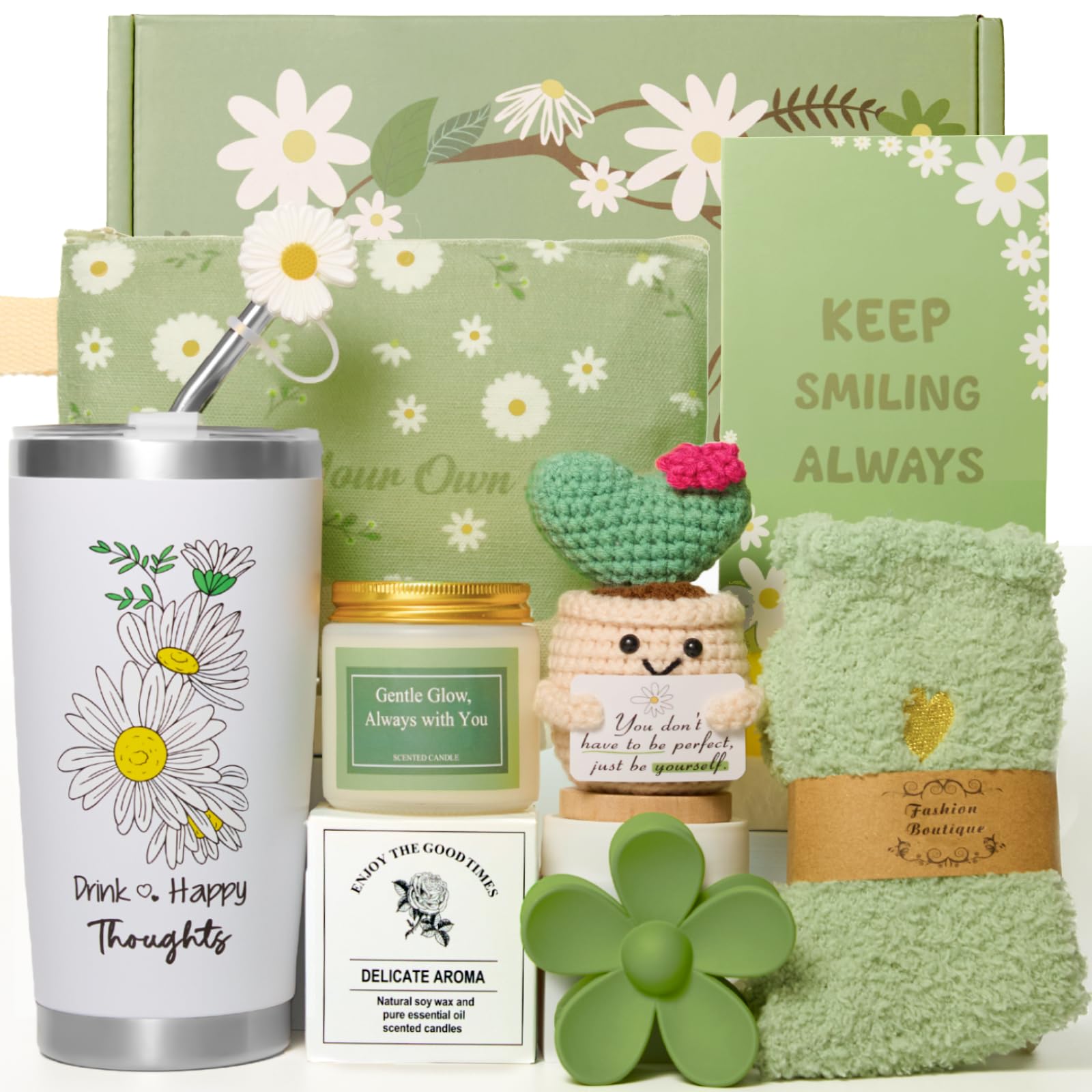 Gift Basket for Women - Unique Self Care & Birthday Gift Set for Her, Bestie, Sister, Teen Girl | Inspirational Green Friendship Gift Box, Get Well Soon & Thinking of You Gift - Brighten Her Day