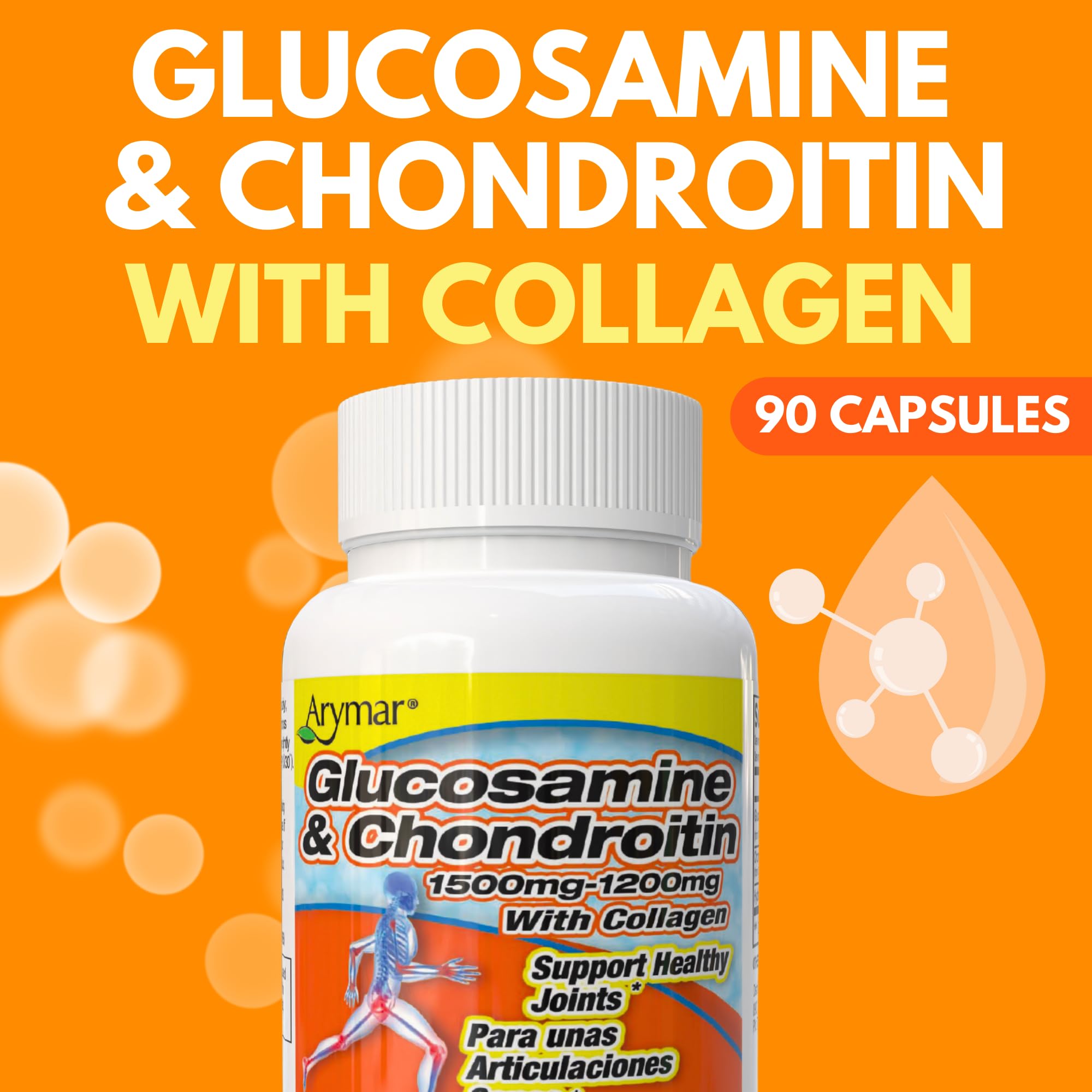 Arymar Glucosamine 1500 mg and Chondroitin 1200 mg with Collagen – Joint Health Supplement – 90 Capsules