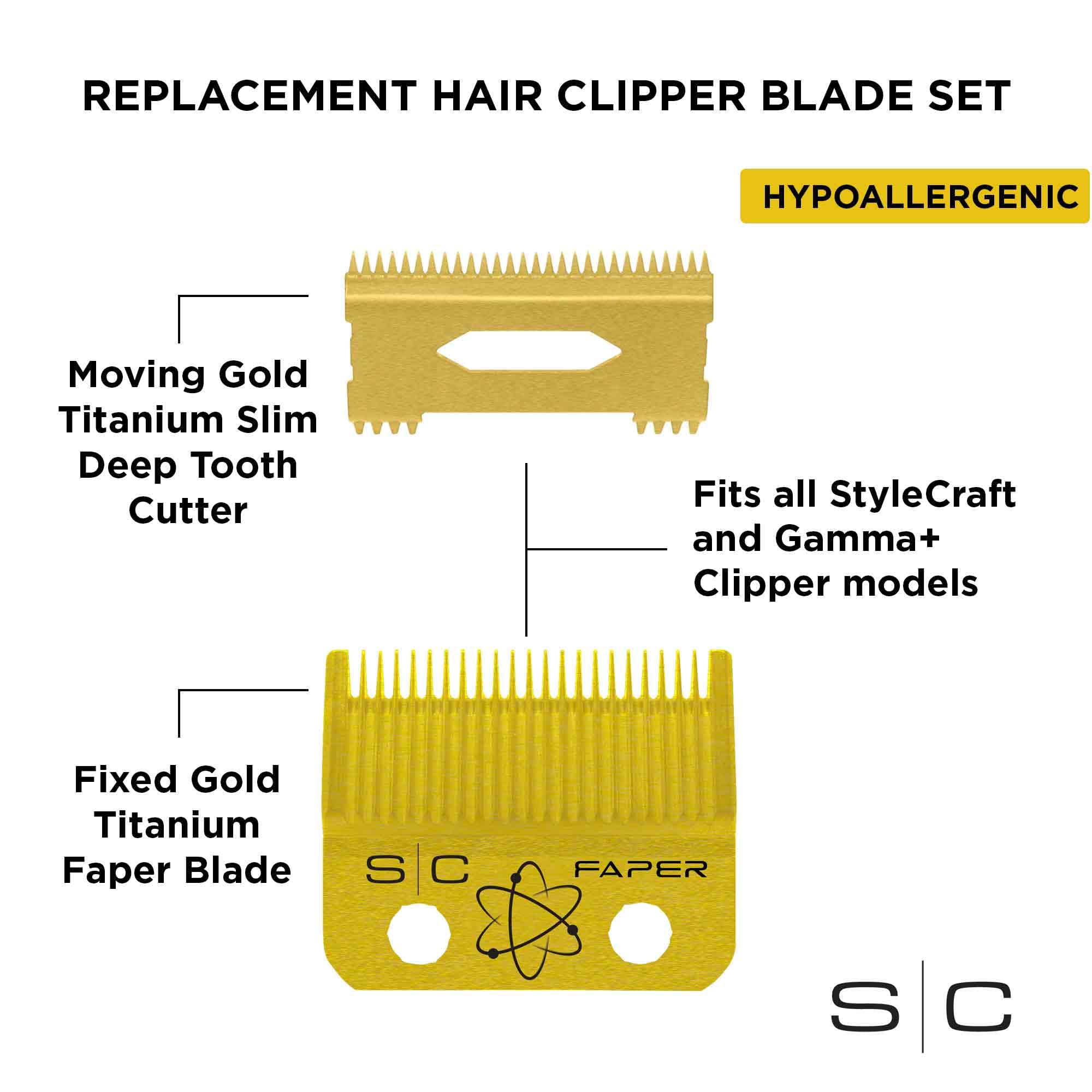 Stylecraft Replacement Fixed Gold Titanium Faper Hair Clipper Blade with Moving Slim Deep Cutter Set