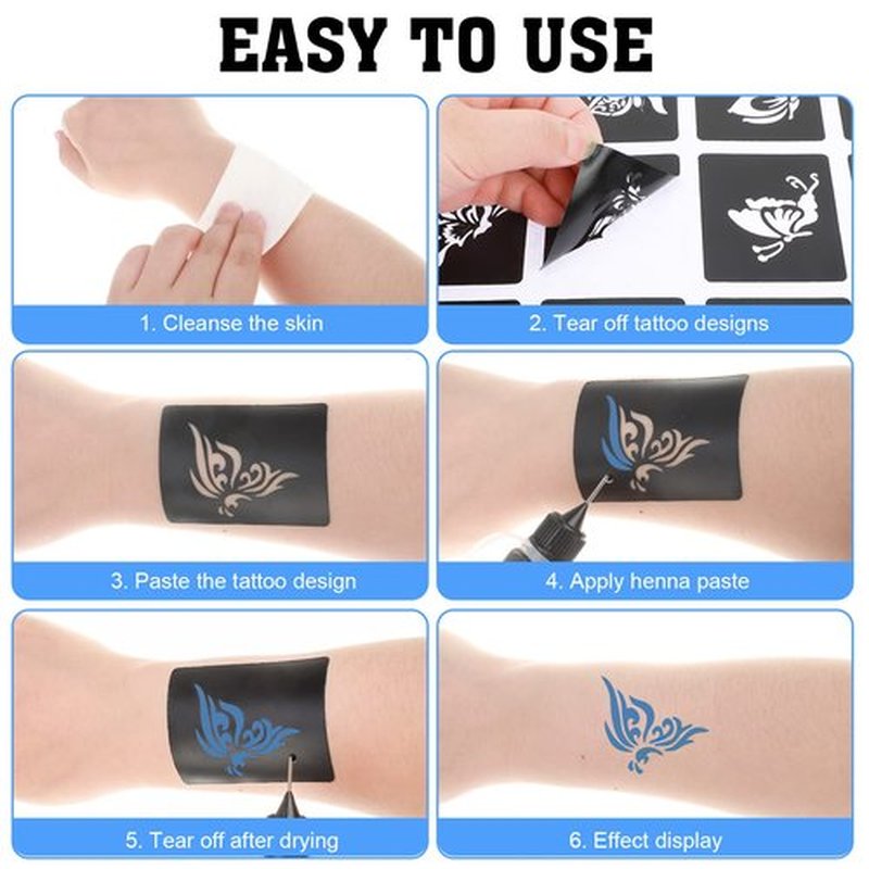 Qpout Tattoo Stencils for Kids and Adults - 16 Sheets Henna Kit With Small and Big Designs for Real Tattoos - Skeleton, Spider, Owl, Flower, Butterfly, Tribal, Totem