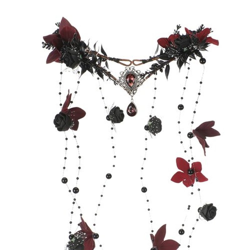 MOSTORY Black Fairy Flower Headpiece - Gothic Floral Headband Dark Elf Crown Medieval Floral Circlet for Witch Oufit Halloween Accessories Women Renaissance Faire Costume Cosplay