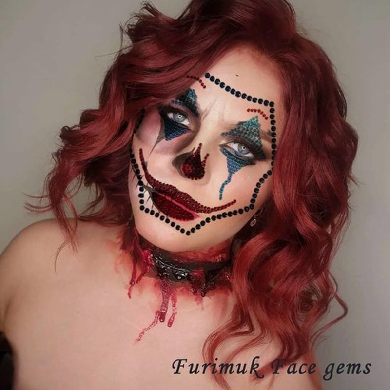 2 Pack Red Face Gems Jewels Tattoos for Halloween,Day of the Dead Skull Rhinestone Temporary Face Tattoo Stickers for Women Men Cosplay Makeup Outfit Blue Clown