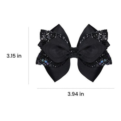 2pc Glitter Black Ribbon Hair Bow Clips 4inch Shiny Alligator Barrettes Pins for Teens Girls Kids Women Graduation Halloween Dress up Party Costume outfit Decor Accessory