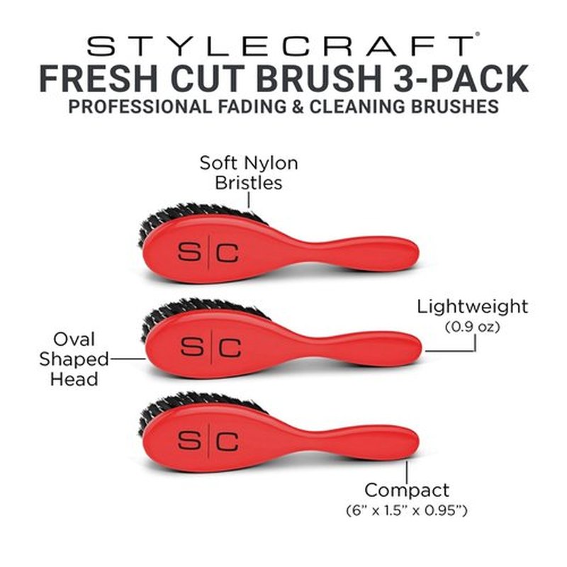 StyleCraft The Fresh Cut Professional Fade and Cleaning Barber Hair Brush with Soft Nylon Bristles Set of 3, Red