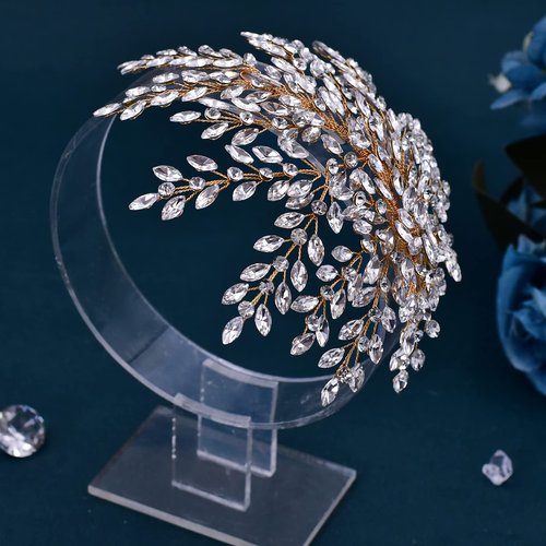 HONGMEI Bridal Rhinestone Headpiece for Wedding，Leaf Crystal Hair Pieces Bride Side Headpieces Wedding Hair Accessories for Women(Gold)