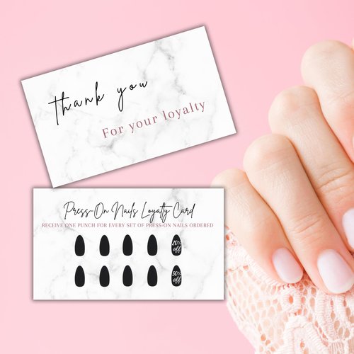 Boutique Marketing LLC Press-On Nail Loyalty Discount Cards | 50 Pack | 2x3.5 Inch inch Business Card Size | DIY Press-On Nail Kit | Marble Look with Black Nail Design,marble,black,white