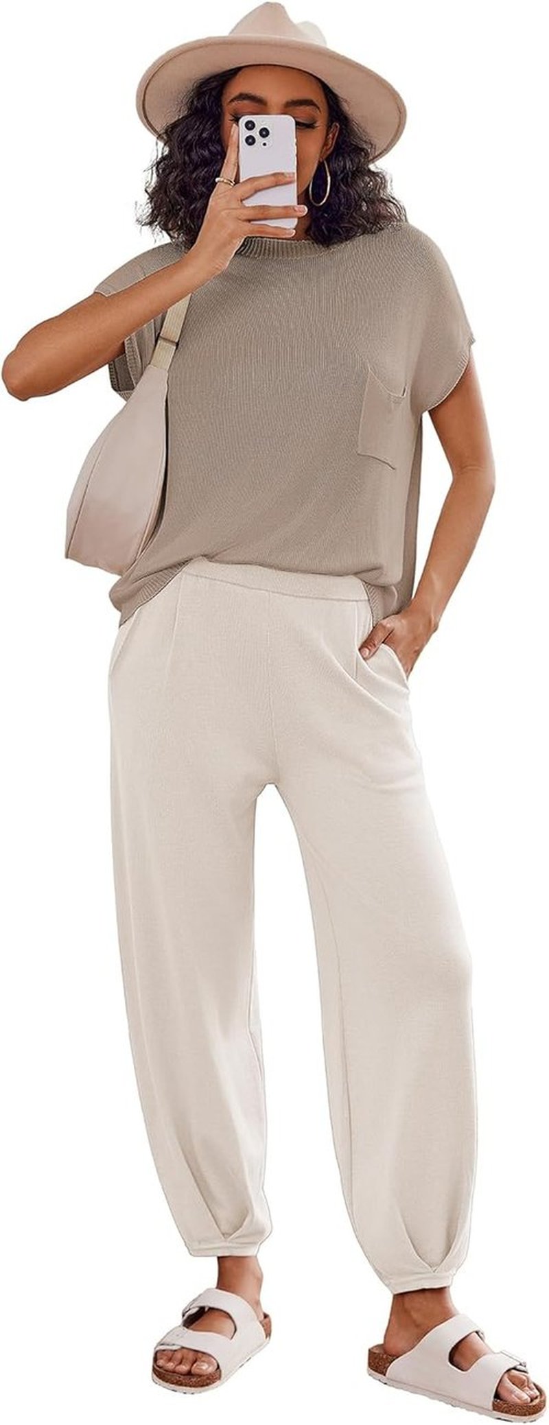Ekouaer Two-Piece Lounge Set - Knit Sweater Top & Jogger Pants Matching Tracksuit for Women