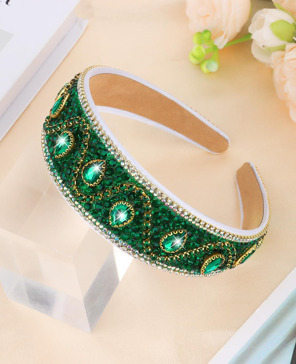 Wecoe Green Rhinestone Headband Women St Patrick's Day Wide Fancy Sparkly Bling Sequin Glitter Crystal Jeweled Diamond Embellished Headband Hairband Holiday Formal Hair Accessories Gifts