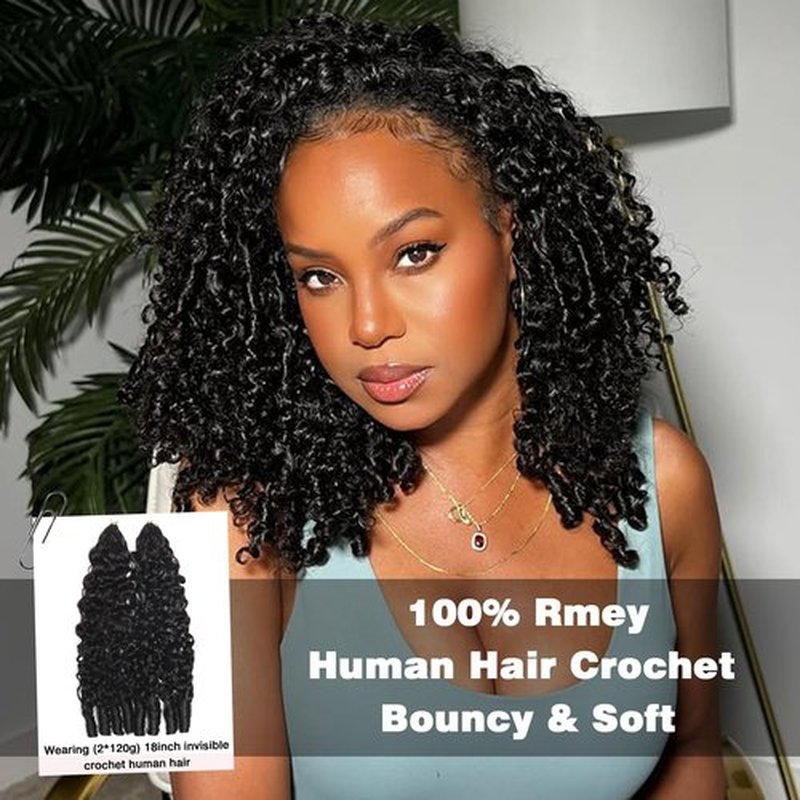 Beauty Queen Burmese Curly Crochet Human Hair 16inch 60g Knotless Pre-Separated Feather Human Crochet Hair Lightweight Reusable Remy Hair Extensions With Spiral Curl for Women Natural Black Color