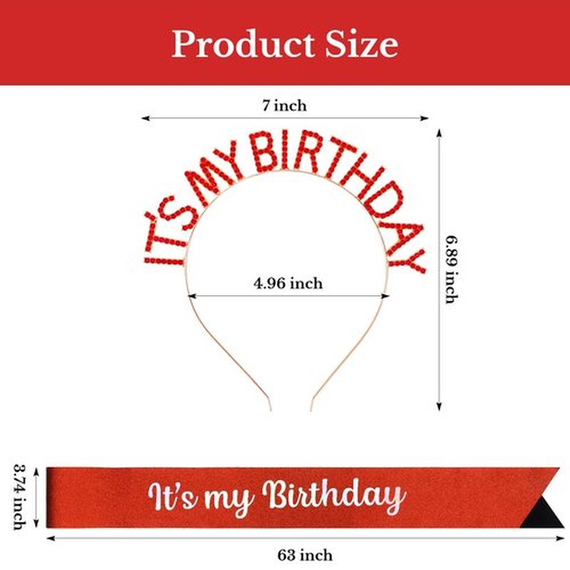 BAHABY It's My Birthday Princess Sash Set - Red Headband, Tiara & Accessories for Women Girls Happy Party