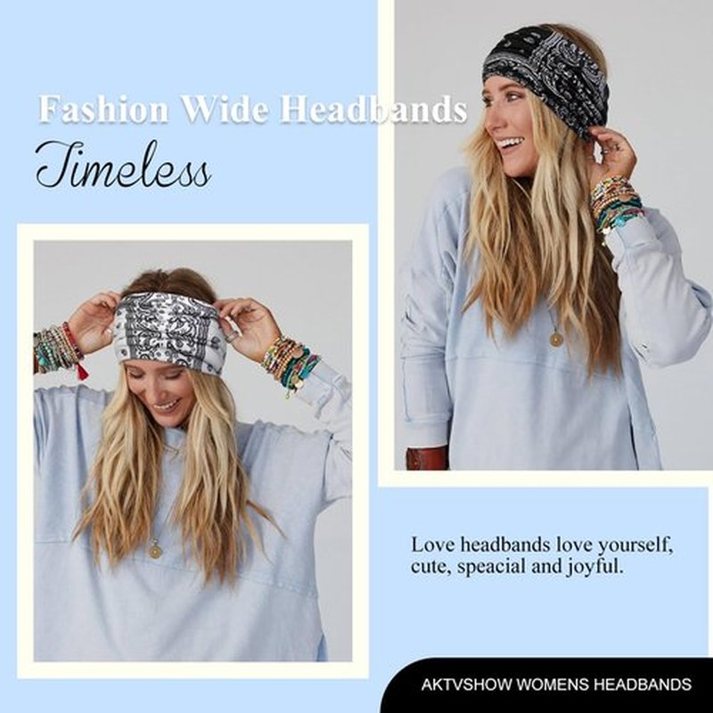 AKTVSHOW 7'' Wide Bandana Headbands for Women, Fashion Paisley Turban Headbands Non Slip Womens Large Cloth Hairbands Fabric Hair Scarves Headwrap Boho Hair Accessories