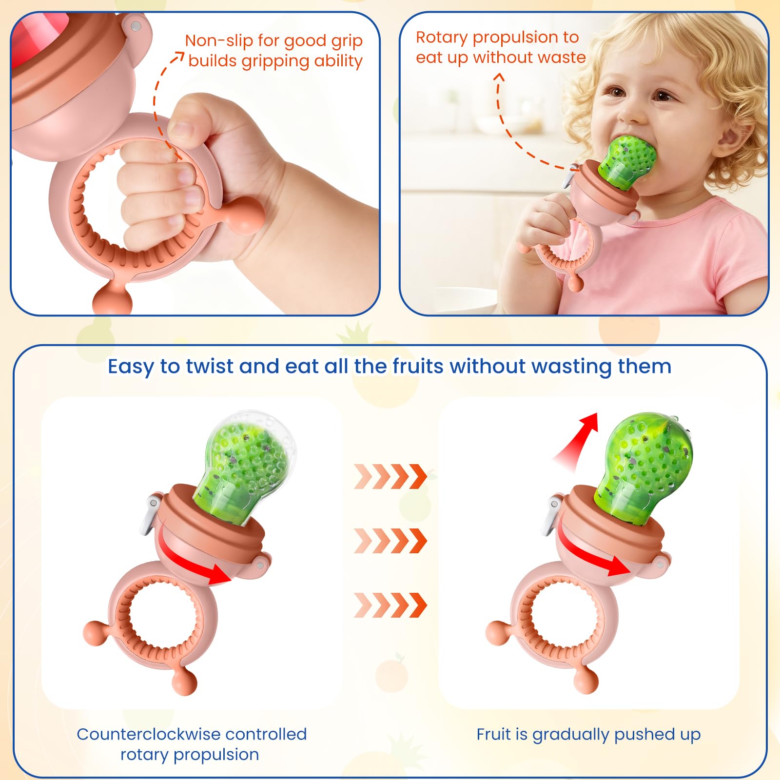 Baby Fruit Food Feeder Pacifier - Fresh Teething Pacifiers, 3 Different Size Silicone Pouch,Teethers for Babies 6-24Months, Baby Solid Food Essentials, Nutrition Feeder, BPA Free,1 Pice, Orange