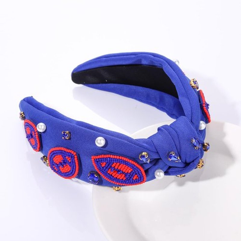 JERTOCLE Game Day Headbands for Women Beaded Football Knotted Headband Pearl Crystal Embellished Wide Headband Sports Fan Game Day Hair Accessories (Blue)