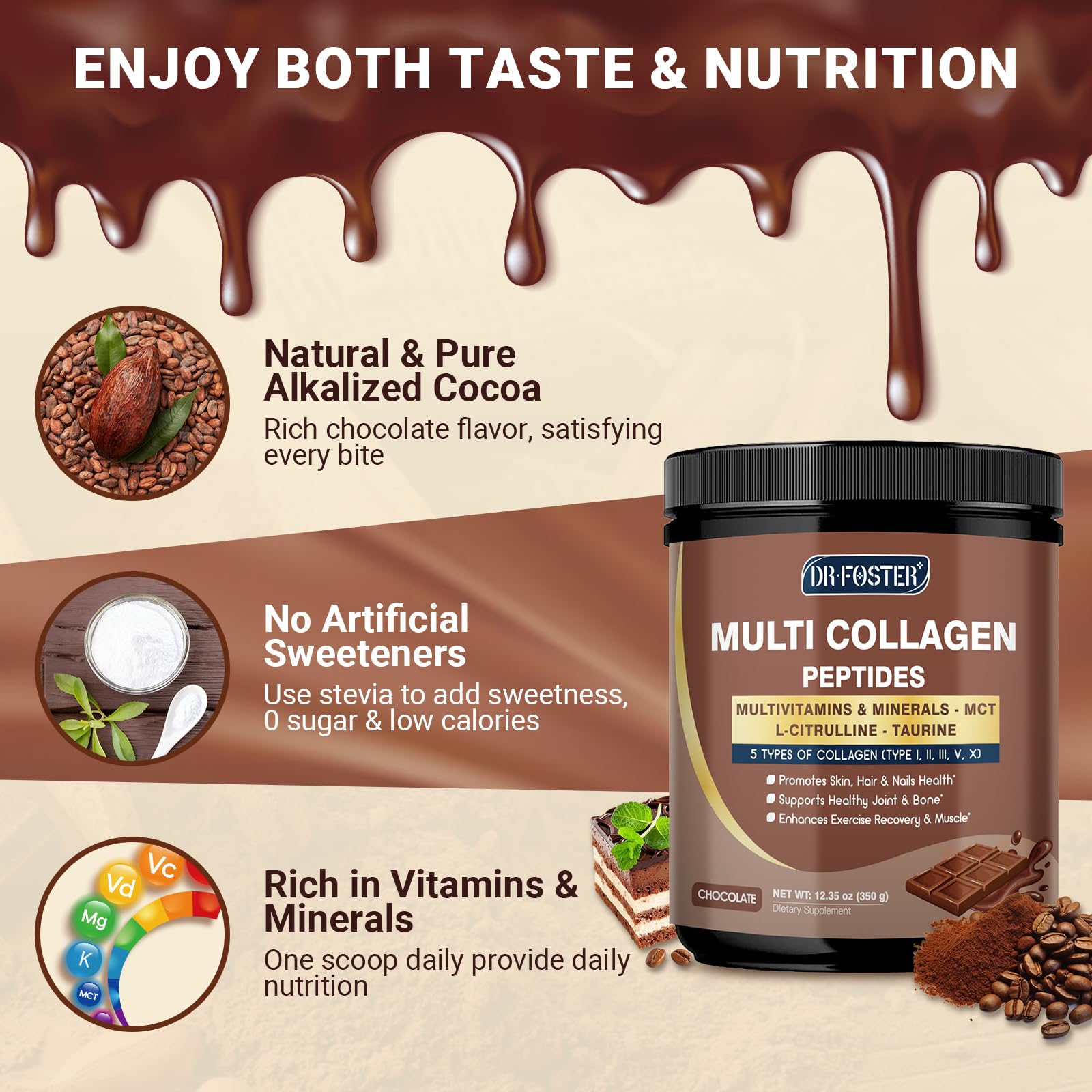 DRFOSTER Chocolate Collagen Peptides Powder for Women & Men, Multi Type I II III V X Collagen with multivitamins & Minerals for Skin, Hair & Nails & Joints, Non-GMO, 35 Servings