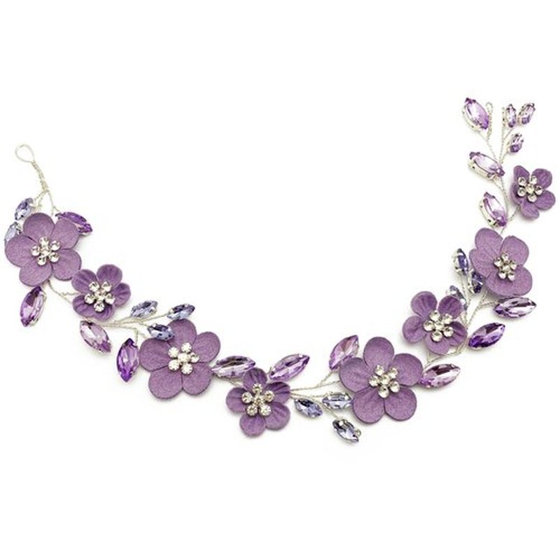 PrettyLife Bridal Purple Flower Headpiece Wedding Party Rhinestone Floral Silver Vine Hair Pieces Accessories for Women Girls