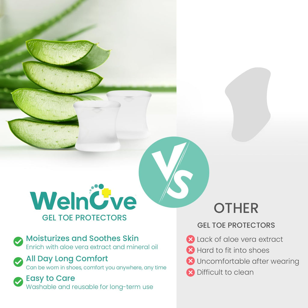 Welnove Upgraded Gel Toe Separators – 8-Pack Aloe Vera Extract Infused Silicone Toe Spacers for Straightening Overlapping Toes, Calluses – Bunion Corrector for Men and Women (Large, Clear)
