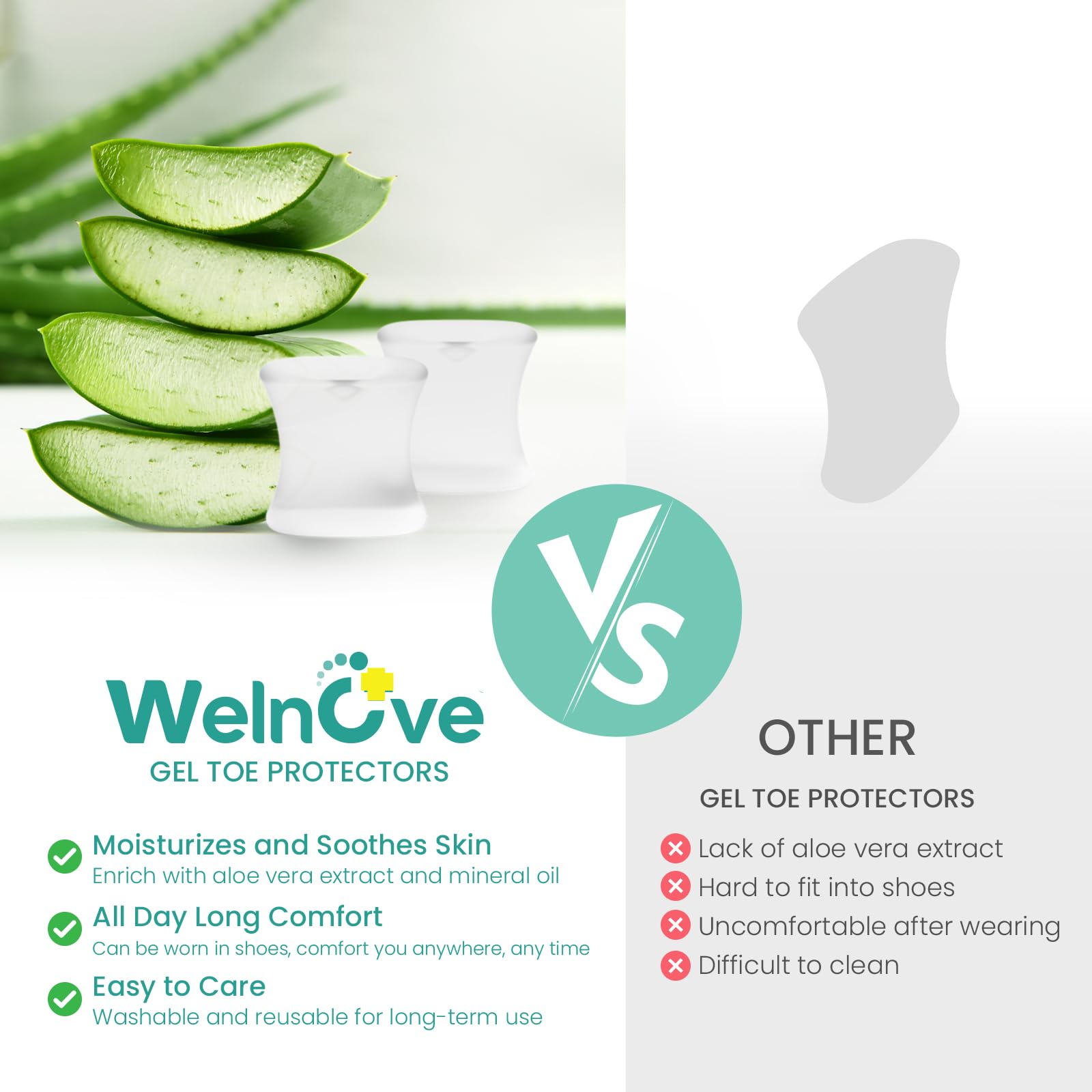 Welnove Upgraded Gel Toe Separators – 8-Pack Aloe Vera Extract Infused Silicone Toe Spacers for Straightening Overlapping Toes, Calluses – Bunion Corrector for Men and Women (Large, Clear)