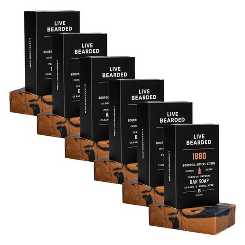 Live Bearded All-Natural Bar Soap for Men - Exfoliating & Moisturizing 6-Pack | 5 oz Each - Charcoal, Pumice, Shea Butter | 1880 Bourbon Scent