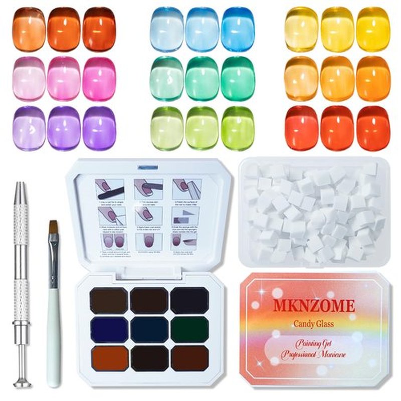 MKNZOME Patting Gel Nail Polish, 9 Colors Jelly Painting Gel Palette Red Pink Purple Yellow Green Blue Orange Blooming Aura Nails with Nail Sponges for Ombre, Grabbing Pen for French Manicure DIY