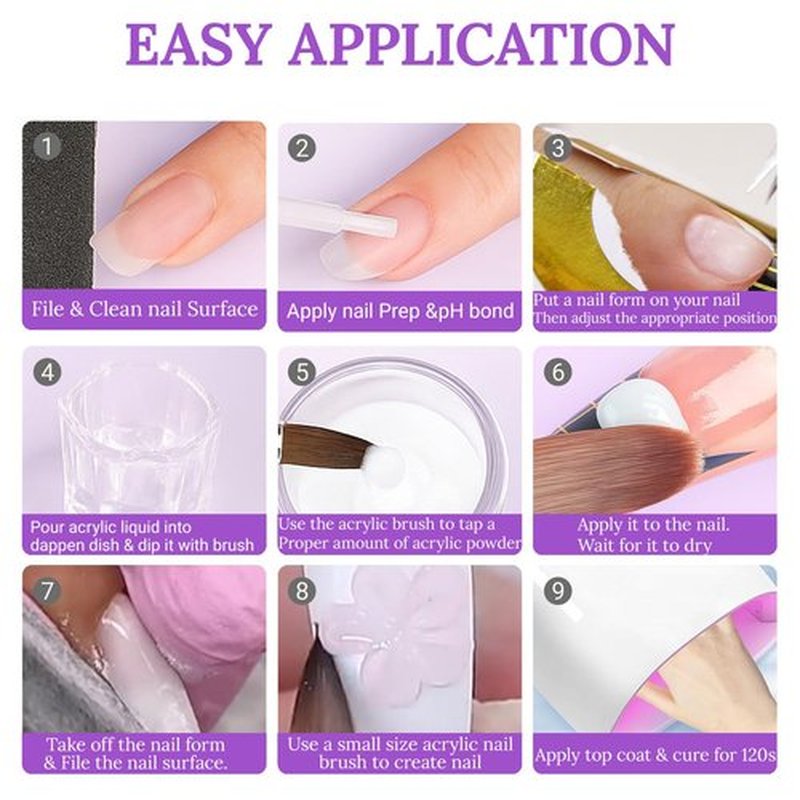 9Pcs Acrylic Nail Kit - 4Pcs Acrylic Powder (Pink, White, Clear, Nude) and Professional Acrylic Liquid Monomer set with Acrylic Nail Brush Nail Forms Glass Cup for Beginner kit
