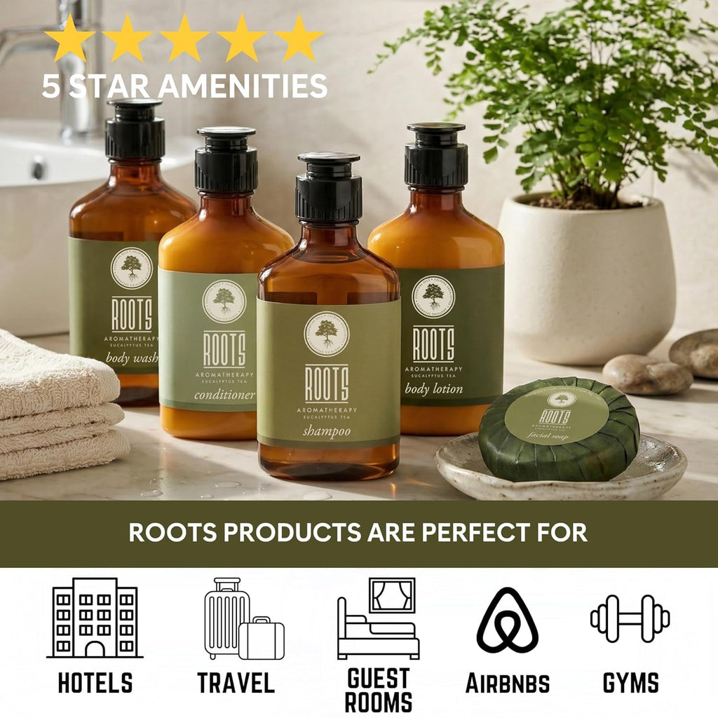 ROOTS AROMATHERAPY 150 Piece Airbnb Essentials for Hosts,Hotel Shampoo & Conditioner Supplies for Guests, Body Wash Lotion & Soap, Travel Size Toiletries Bulk Mini Sets Hygiene Kits Bar Soaps Air Bnb