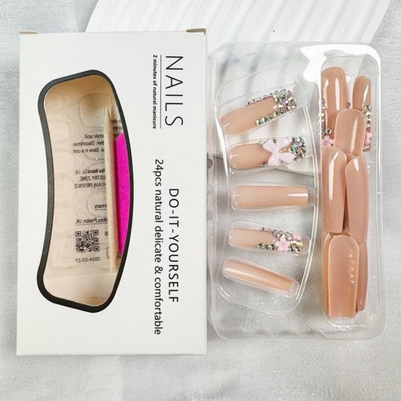Long Press Long Nails Coffin French Tips with Design 3D Bow Flower Rhinestone Bling Artificial Glue On Nails - Full Cover Glossy Acrylic - 24 Pcs