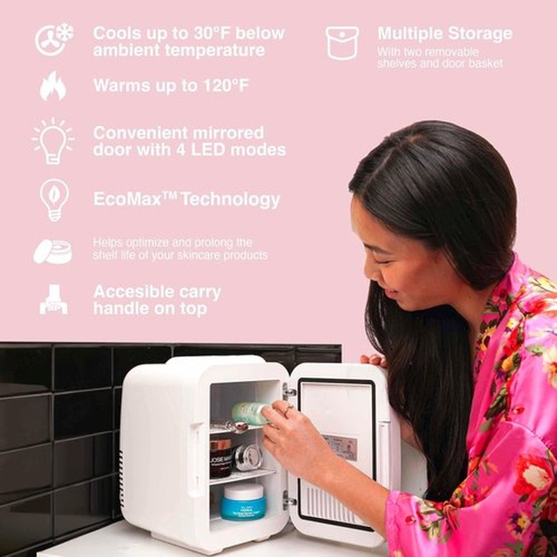 Cooluli Glow Mini Skincare Fridge - 4L with Mirror & LED Light for Beauty, Makeup, and Food - White