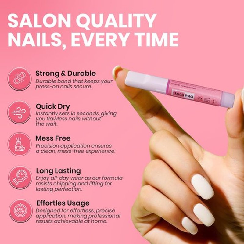 GALS PRO Strong Nail Glue for Press Ons - 10 Pack, 2ml (0.07oz) Each, Professional, Extra Strength & Long Lasting Nail Glue for Fake Nails with Fine Applicator Tip & Quick Drying Time