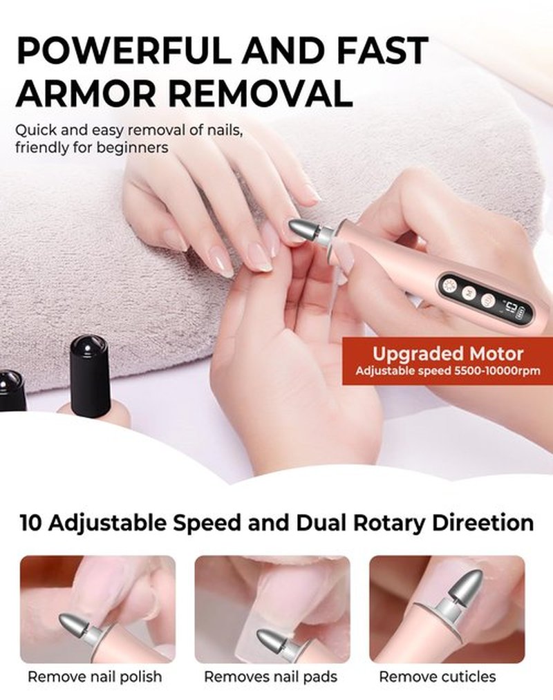 Cordless Nail Drill Electric Nail File, 10-in-1 Manicure Pedicure Kit Nail Grinder Set, 14000 RPM Rechargeable Acrylic Nail Tool, 10 Speeds LED Light LCD Display for Human, Toenails, Home(Pink)