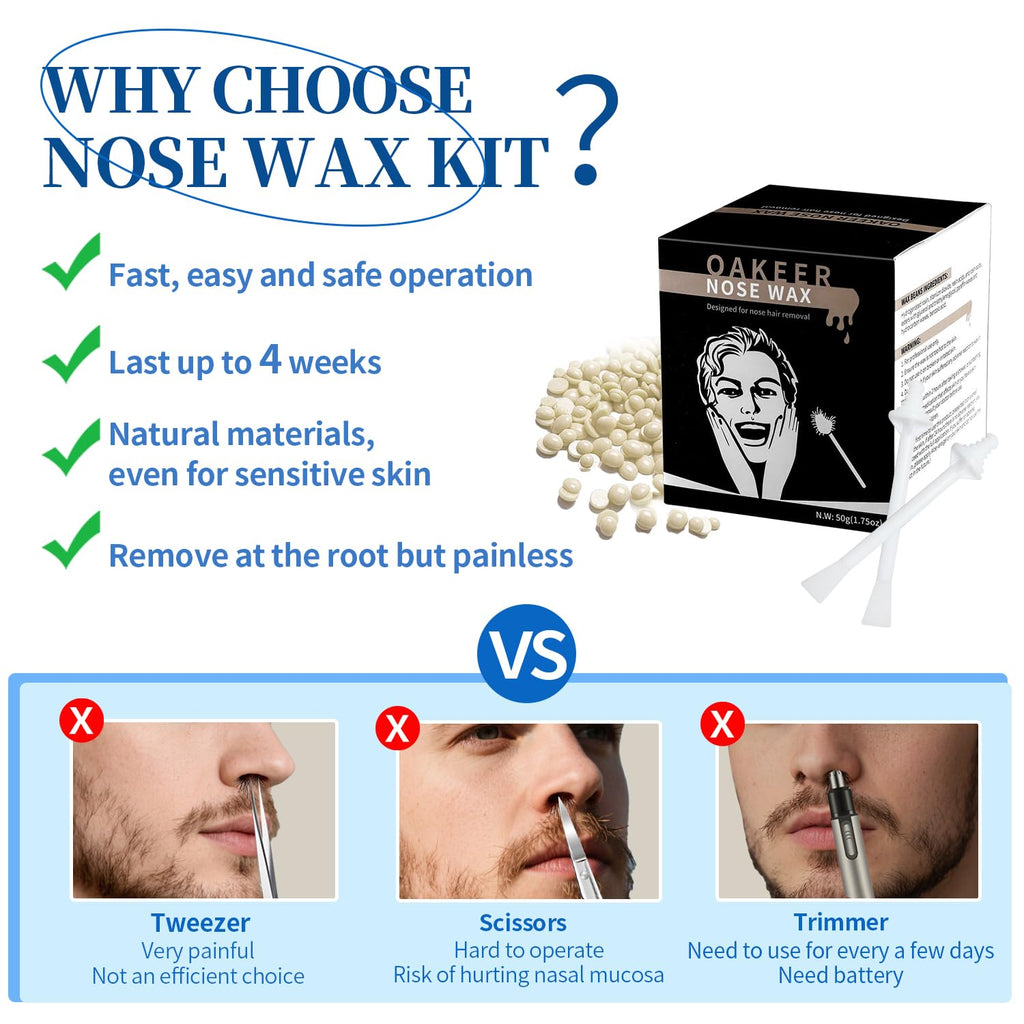 Oakeer Nose Hair Remover Kit with 30 Wax Sticks for Men and Women - 100g Nose Wax for At-Home Hair Removal