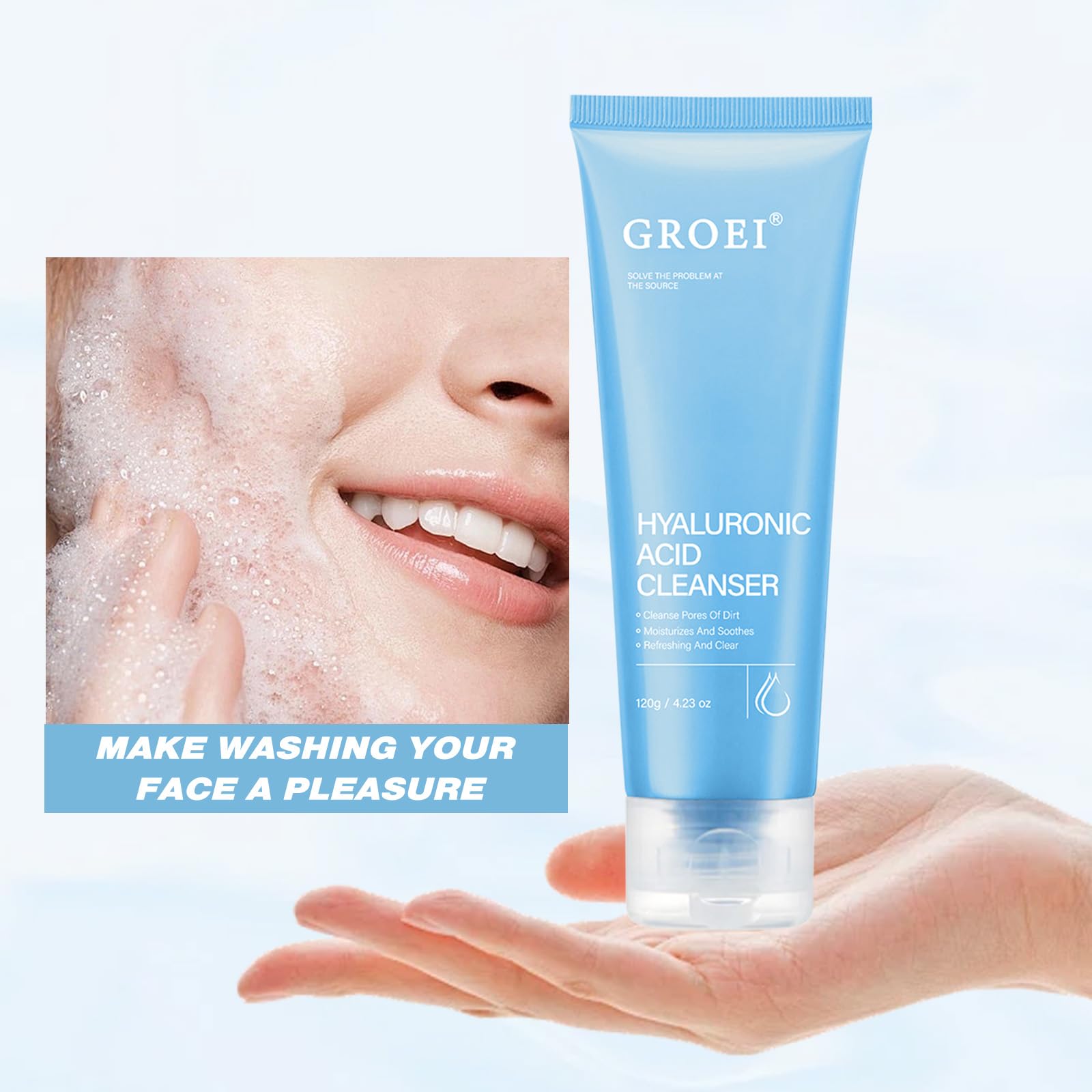 GROEI Hyaluronic Acid Cleanser, Face Wash with Tea Extracts, Gentle Pore Cleanser for Oily & Dry Skin, 4.23 oz (1PC)