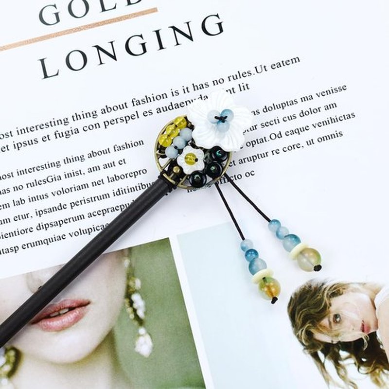 Lawie 8 Pack Wooden Hair Sticks Wood Chinese Hair Pins with Tassel Dangle Crystal Beads Flower Long Hair Chopstick Picks With Charm for Twist Bun Holder Fork Hair Slides Hair Accessories for Women