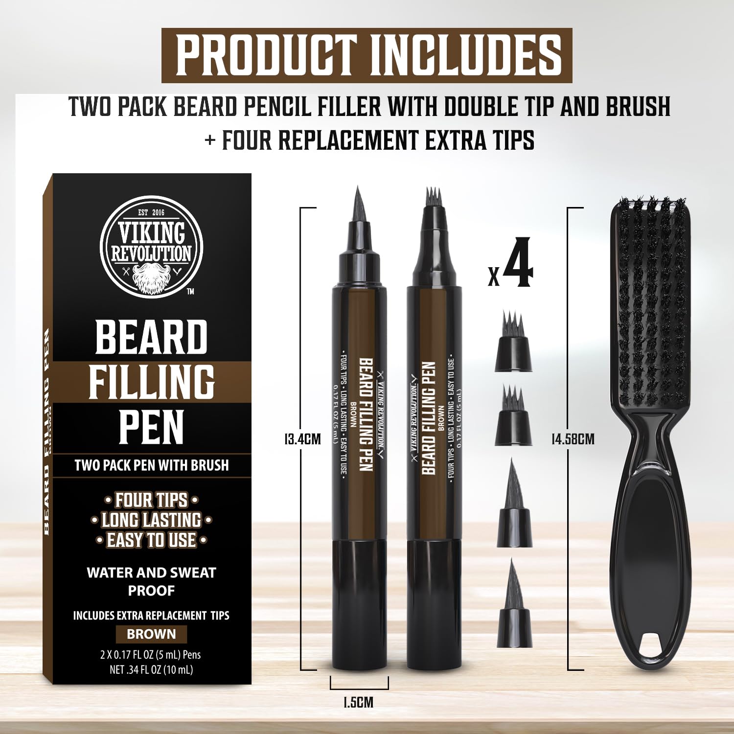 Viking Revolution Beard Pen (2 Pack) - Brown Beard Pencil Filler for Men Lapiz para Barba de Hombre - Beard Filler for Men Waterproof Beard Filling Pen Kit - Long Lasting Beard Filler Pen with Brush
