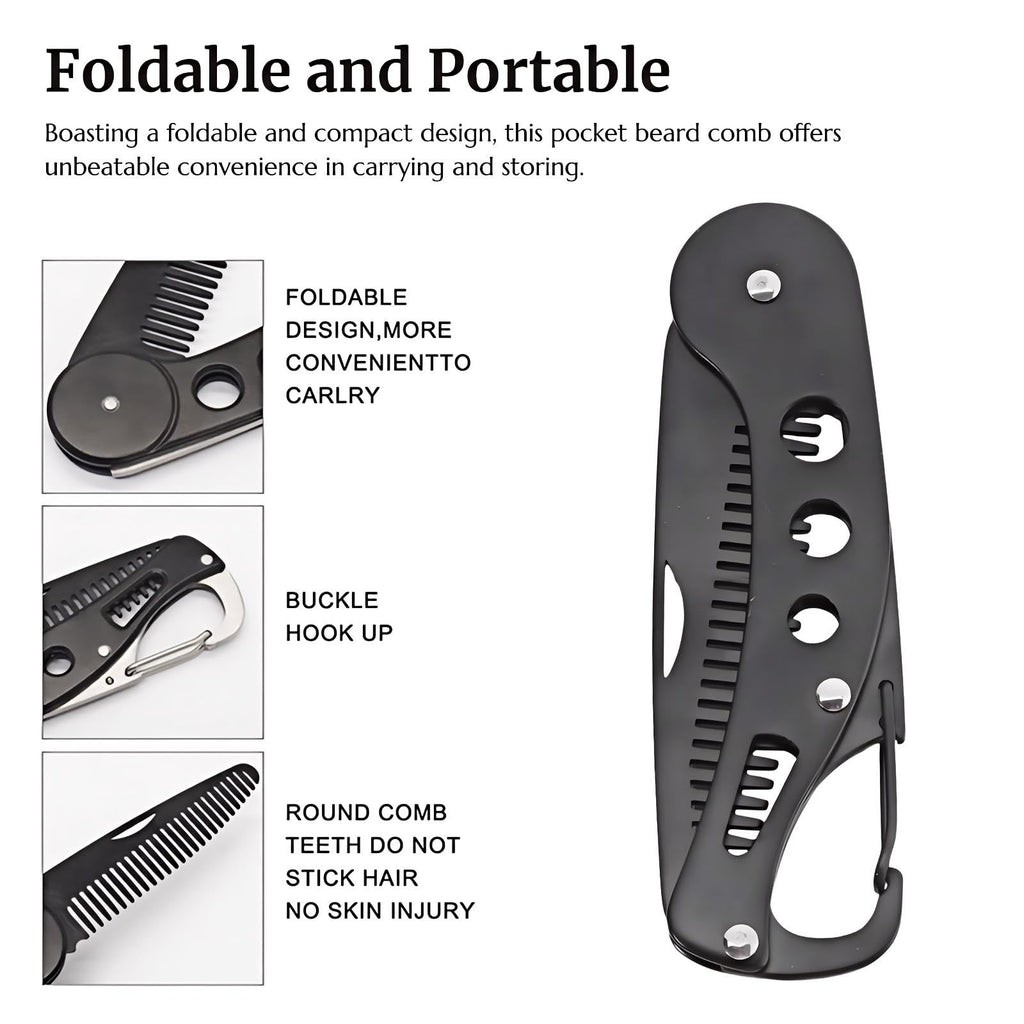 KINTEGOOD Stainless Steel Folding Beard Comb, Portable Mustache Comb, Beard Grooming Kit - Black