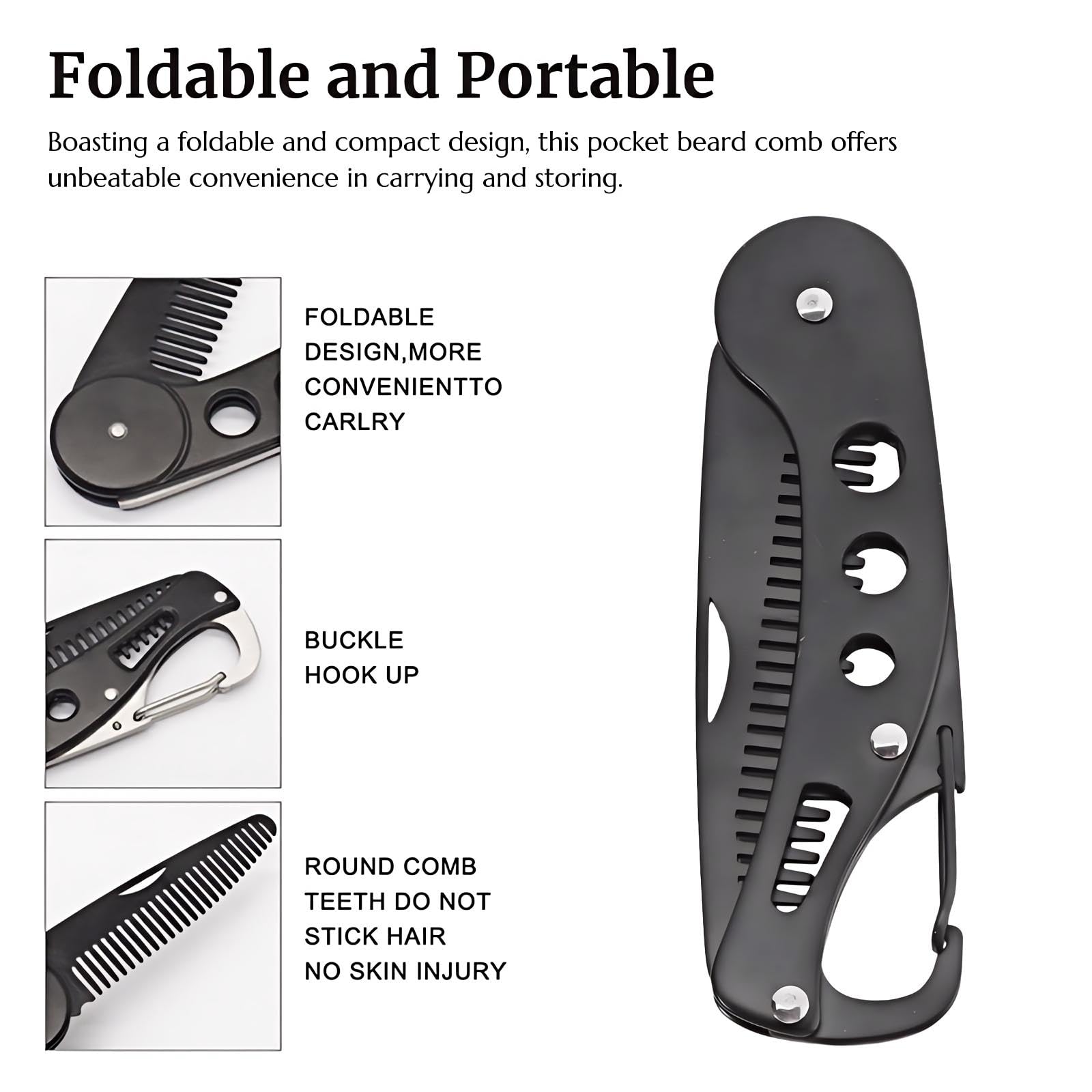 KINTEGOOD Stainless Steel Folding Beard Comb, Portable Mustache Comb, Beard Grooming Kit - Black
