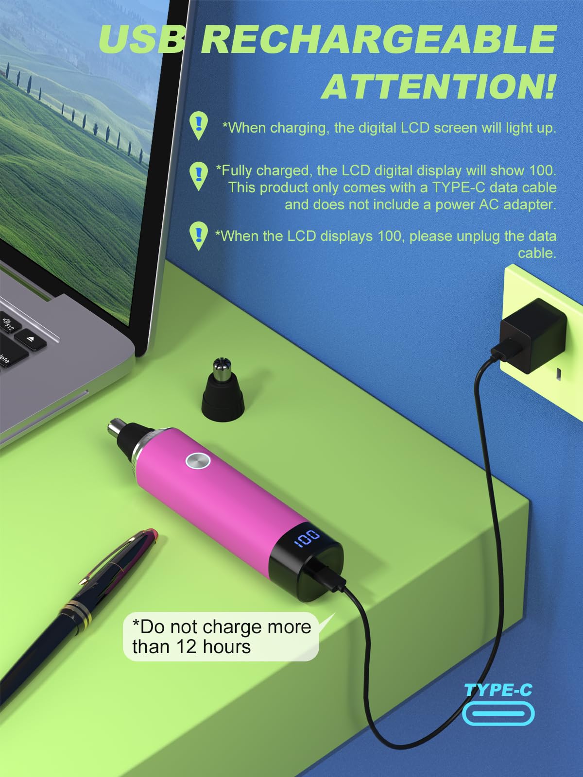 LONFANTAR Nose Hair Trimmer for Women and Men，Rechargeable with LED Display,2 in 1 Painless Multifunctional Ear and Nose Trimmer with IPX7 Waterproof Dual Edge Blades-Magenta