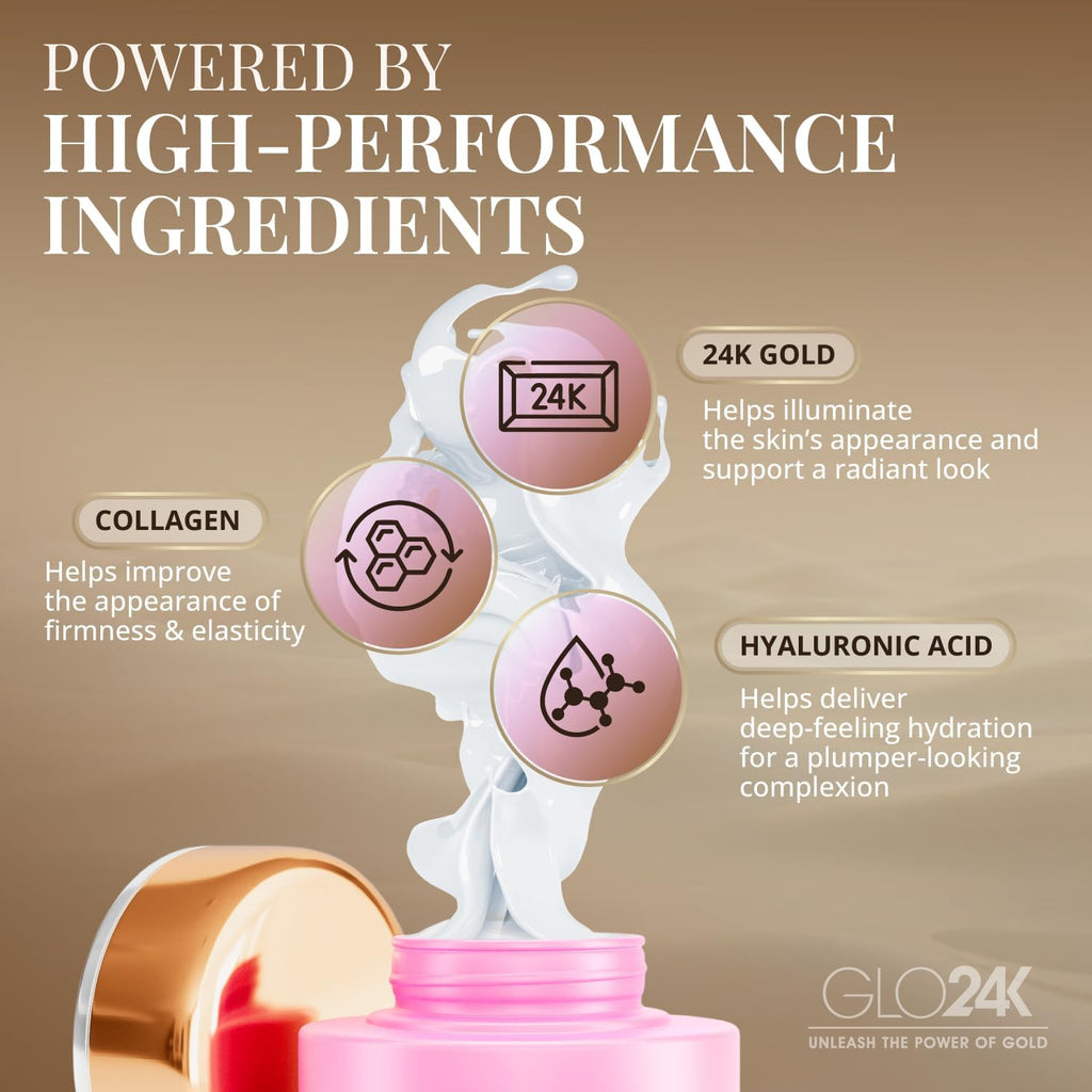GLO24K Red Light Facial Massager with 24K Gold Retinol Face Cream - Face & Neck LED Beauty Wand, 3-in-1 Vibration Beauty Tool & Collagen Hyaluronic Acid Moisturizer for Smoother-Looking Skin