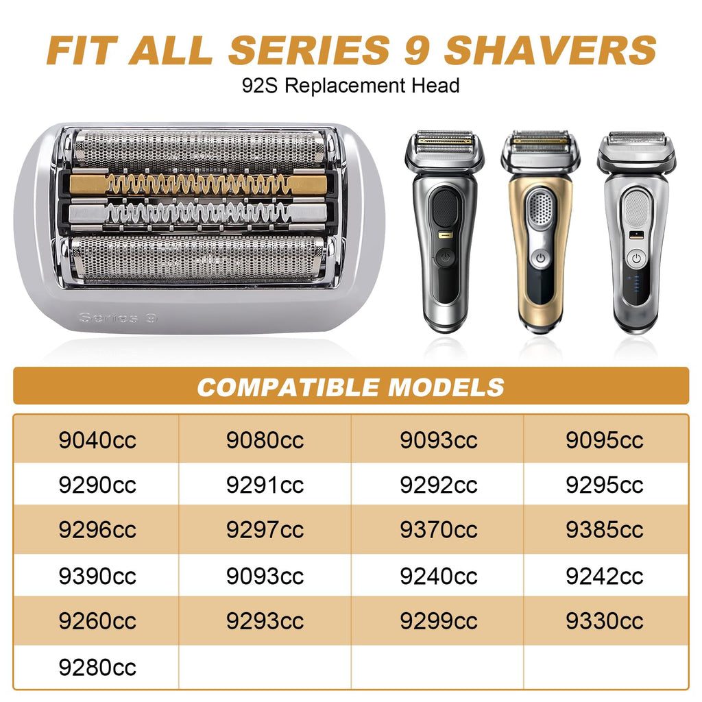 Series 9 92S Electric Shaver Replacement Head Compatible with B*raun S9 Foil & Cutter Razor Heads - Applicable for B*raun S9 9290cc 9291cc 9370cc 9293s 9385cc 9390cc 9330s 9296cc（1pack）