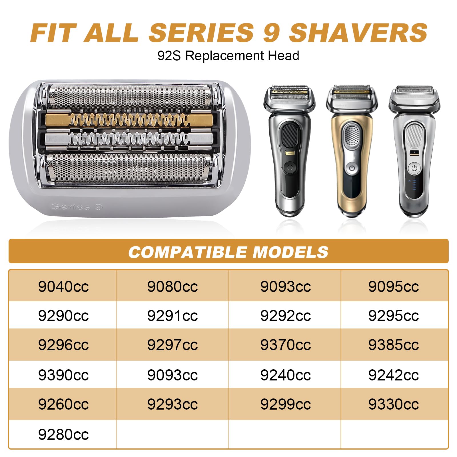 Series 9 92S Electric Shaver Replacement Head Compatible with B*raun S9 Foil & Cutter Razor Heads - Applicable for B*raun S9 9290cc 9291cc 9370cc 9293s 9385cc 9390cc 9330s 9296cc（1pack）