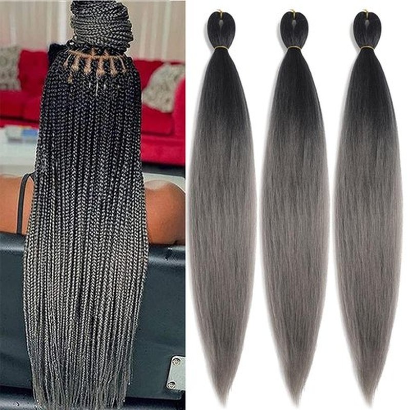 Pre Stretched Braiding Hair 26 Inch Ombre Grey Braiding Hair Extensions Hot Water Setting Crochet Box Braids Hair (26 Inch (Pack of 3), Black-Dark Grey)