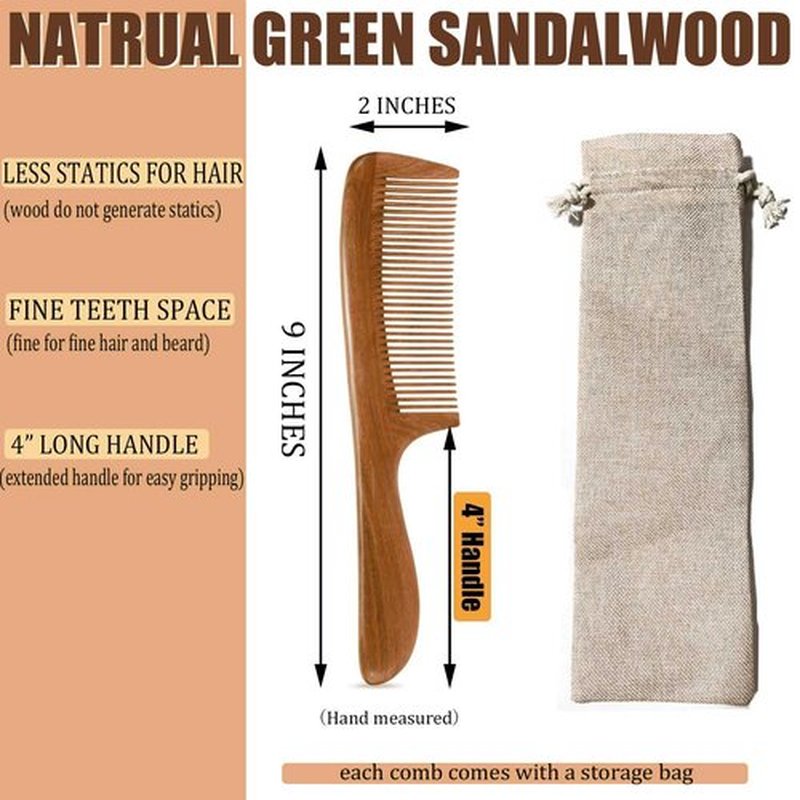 Moreinday Fine Tooth Comb, Wooden Beard Comb, Comb for Men - Green Sandalwood