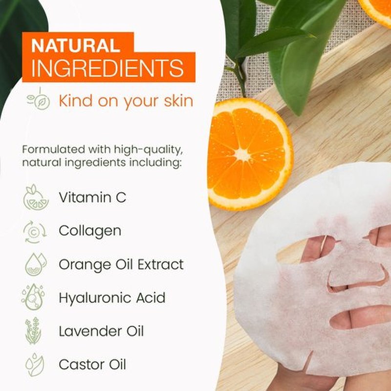 Natural Chemist Vitamin C & Collagen Sheet Face Mask - Brightening, Anti-Aging, Skin Nourishing, Moisturizing, Dermatologist Tested, Cruelty Free Korean Skin Care For All Skin Types - 20 Masks
