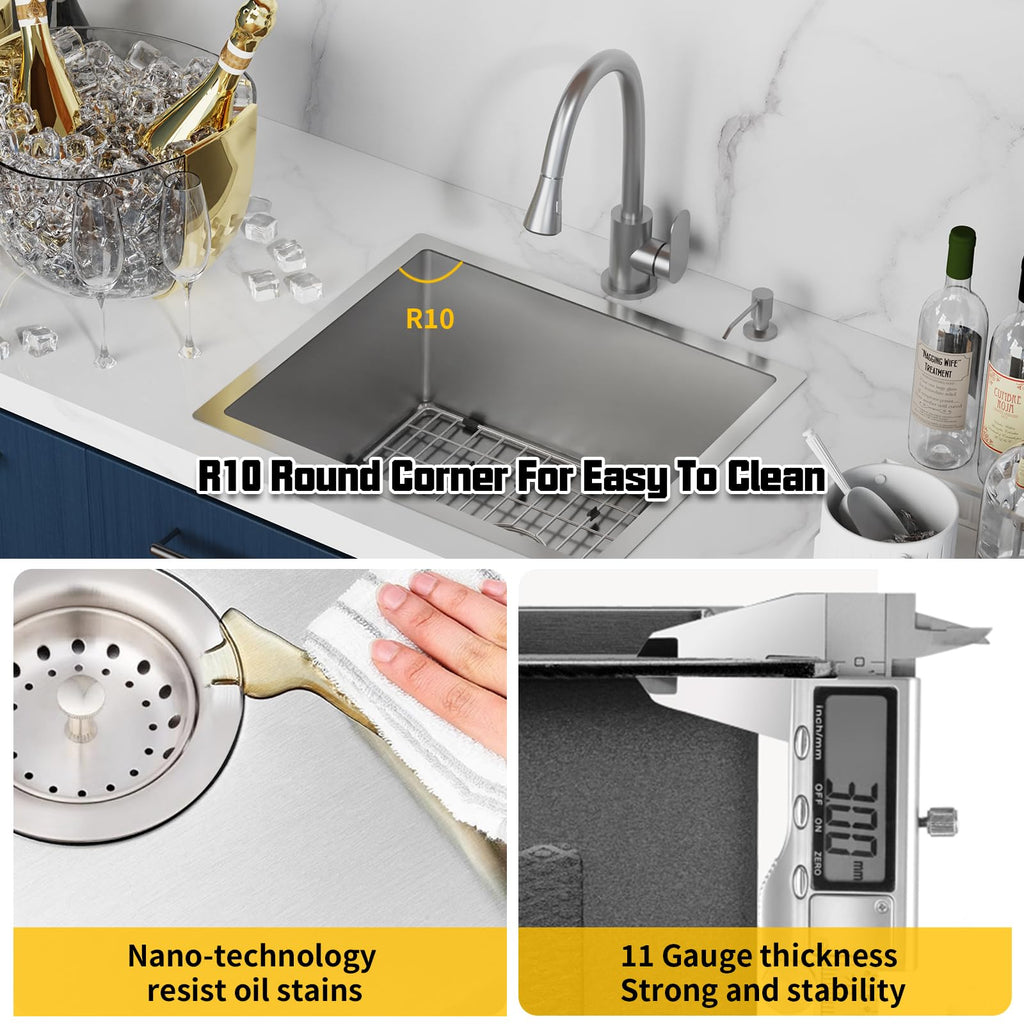 21x18In Stainless Steel Kitchen And Bar Sink - Small Undermount Single Bowl Drop In Staylish Kitchen&Bar Sink Ideal Choice For Small Space, Prep Area, RV With Bottom Grid,Soap Mat And Drain Assembly