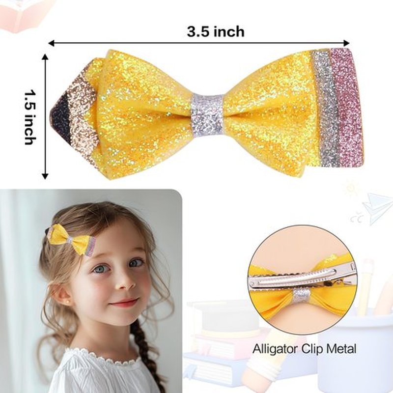 Back To School Hair Bows, Glitter Pencil Hair Clips, Non Slip Alligator Clips Sparkly First Day of School Bows Hair Accessories for Girls, Yellow