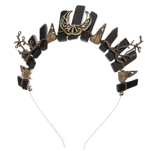 CoTeeZa Black Crystal Witch Crown for Women - Crow Skull Gothic Tiara Headband with Bronze Moon, Dark Queen Quartz Headpiece for Halloween Cosplay Wedding Prom Pageant Renaissance