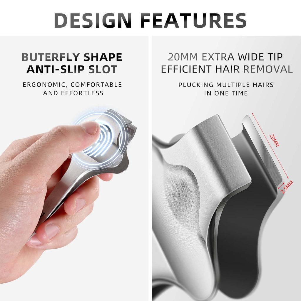 AUSOMTEK 20mm Precision Butterfly Tweezers for Beard, Eyebrows, Facial & Ingrown Hair - Wide Tip, Stainless Steel - Hair Removal Tool with Anti-Slip Slot & Case - for Men & Women