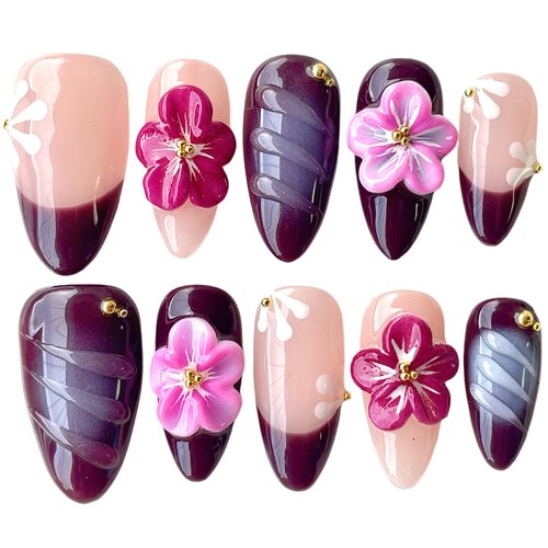 Handmade Press On Nails, 3D Floral Design, Medium Almond Shape, Pink Purple Ombre with Flower Accents, Reusable Acrylic False Nails (Grape, M Size)