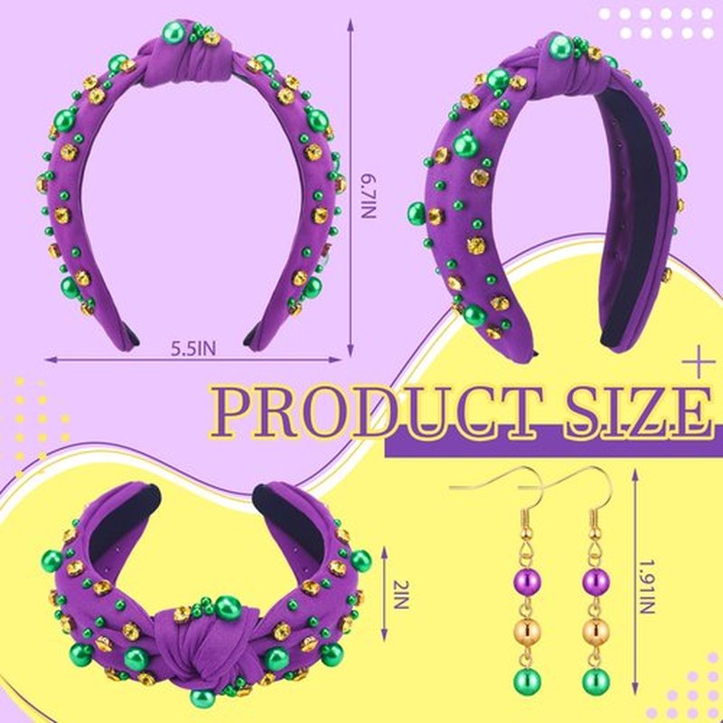 Hoolerry 2 Pieces Mardi Gras Hairband for Women with Earrings Green Yellow Rhinestone Pearl Purple Knotted Headband Woman Head Accessories for Carnival Holiday Decor Woman Gift