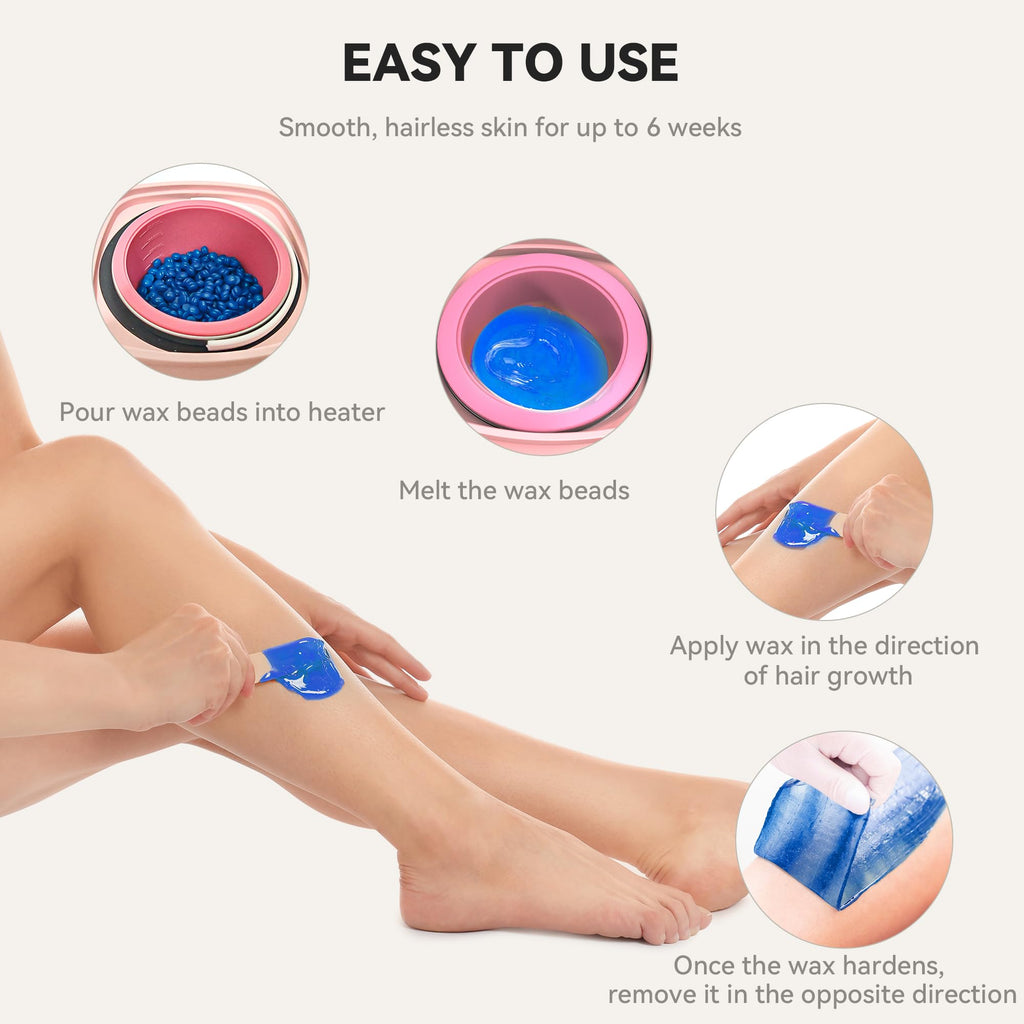 Waxing Kit for Women Men, Digital Wax Kit with Silicone Bowl & 4 Bags Hard Wax Beads, Portable Wax Warmer for Sensitive Skin Full Body Hair Removal, Brazilian Bikini, Eyebrow, Face (White)